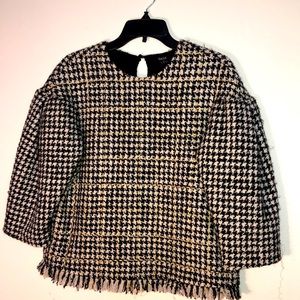 RAOUL cocoon tweed top. New with tags. Black/Gold/white. With fringe bottom.